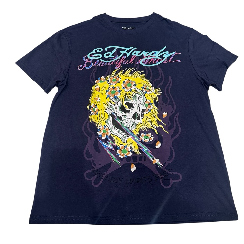 Ed Hardy T-Shirt Men's Size M Skull Flowers Spirit Print Short Sleeve Purple NWT